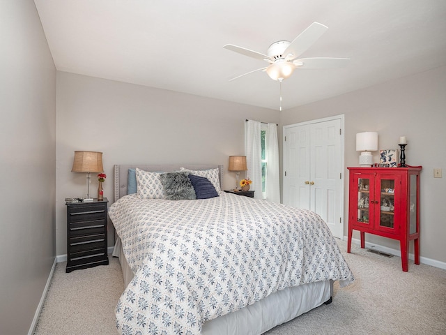 760 Three Wood, Woodruff, SC 29388 - bedroom with light colored carpet, baseboards, a closet, and a ceiling fan
