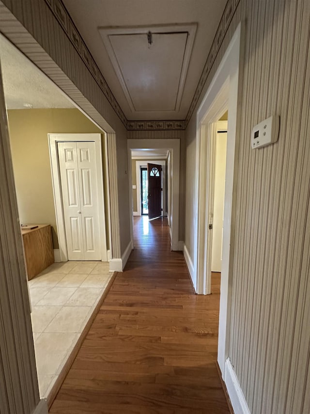 221 Mill, Gaffney, SC 29341 - corridor with attic access, wood finished floors, and baseboards
