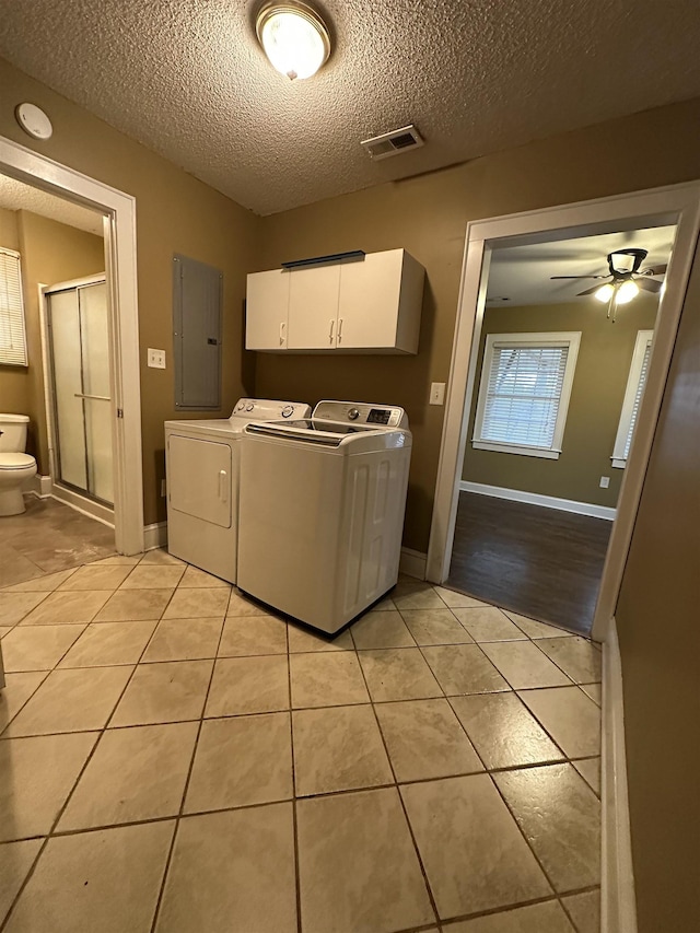 221 Mill, Gaffney, SC 29341 - washroom with electric panel, washer and dryer, light tile patterned floors, a textured ceiling, and a ceiling fan