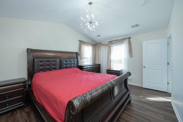 170 Old Timber, Woodruff, SC 29388 - bedroom featuring dark wood-style floors, baseboards, lofted ceiling, and a chandelier