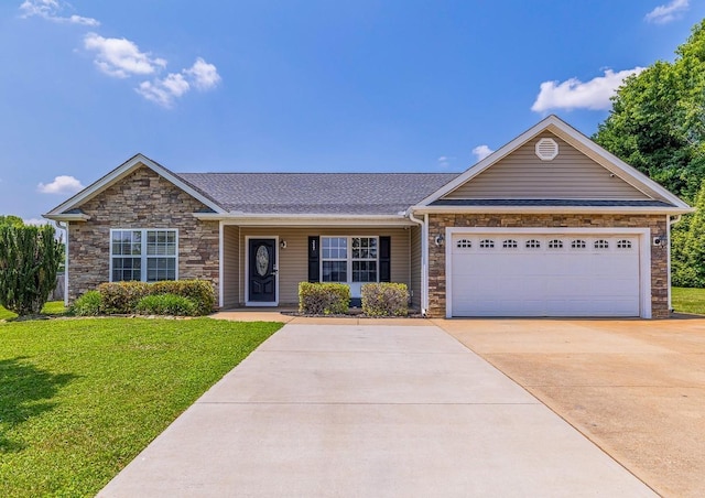 217 Legacy, Inman, SC 29349 - ranch-style house with stone siding, driveway, a front lawn, and an attached garage