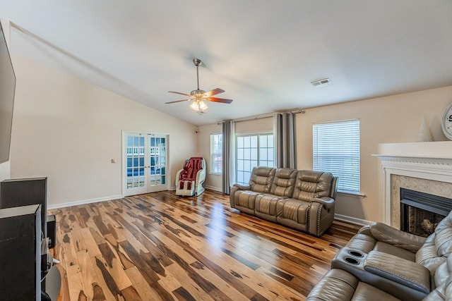 217 Legacy, Inman, SC 29349 - living area with ceiling fan, light wood-style flooring, a fireplace, french doors, and vaulted ceiling