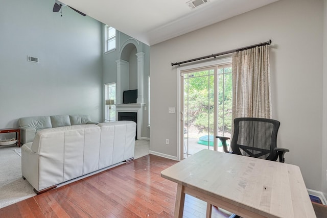 514 Millervale, Greer, SC 29650 - office area with wood finished floors, a fireplace, baseboards, and a ceiling fan