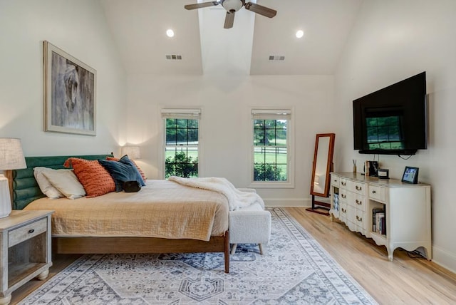355 Night Lark, Campobello, SC 29322 - bedroom with light wood finished floors, baseboards, high vaulted ceiling, recessed lighting, and ceiling fan