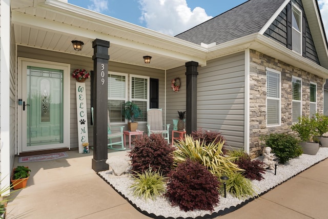 309 Old Kimbrell, Boiling Springs, SC 29316 - entrance to property featuring a shingled roof, covered porch, and stone siding