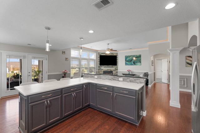 309 Old Kimbrell, Boiling Springs, SC 29316 - kitchen with decorative columns, open floor plan, ceiling fan, arched walkways, and recessed lighting