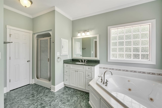 121 Commons, Spartanburg, SC 29302 - bathroom featuring a shower stall, vanity, a whirlpool tub, ornamental molding, and baseboards