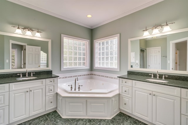 121 Commons, Spartanburg, SC 29302 - full bathroom featuring two vanities, a tub with jets, crown molding, and marble finish floors
