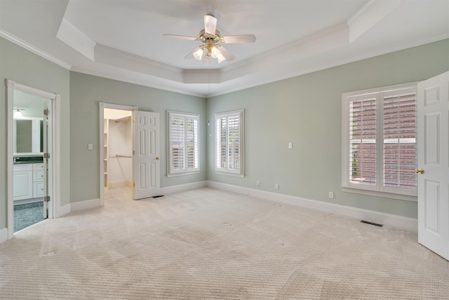 121 Commons, Spartanburg, SC 29302 - unfurnished bedroom featuring ornamental molding, a tray ceiling, light carpet, a spacious closet, and baseboards
