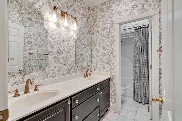 121 Commons, Spartanburg, SC 29302 - bathroom with toilet, tile patterned floors, double vanity, wallpapered walls, and shower / tub combo with curtain