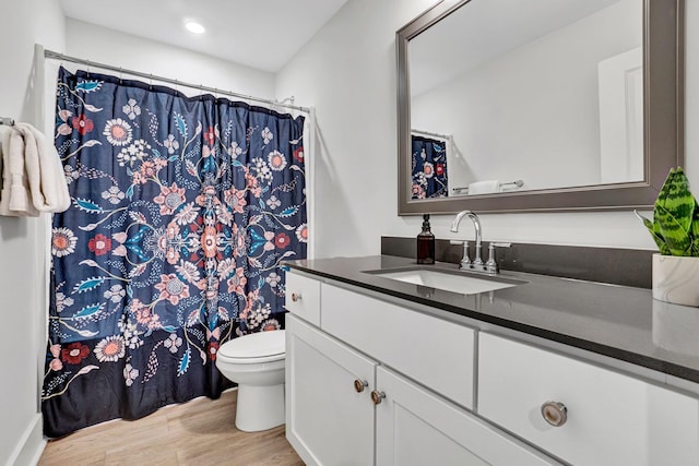 206 Hoss, Greenville, SC 29615 - bathroom with vanity, toilet, wood finished floors, a shower with shower curtain, and recessed lighting