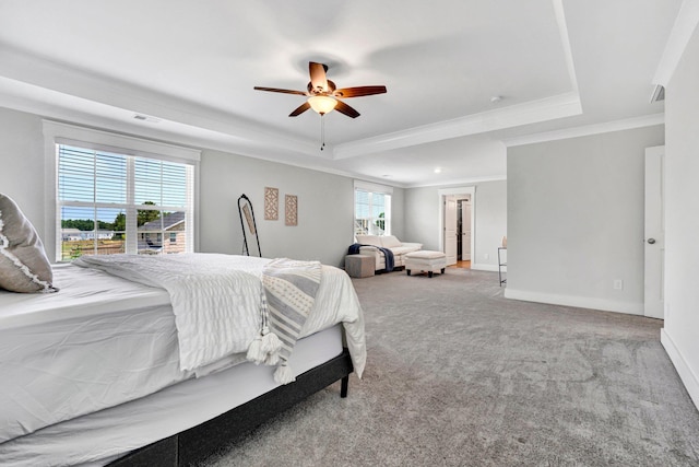 206 Hoss, Greenville, SC 29615 - carpeted bedroom featuring a raised ceiling, ornamental molding, baseboards, and a ceiling fan