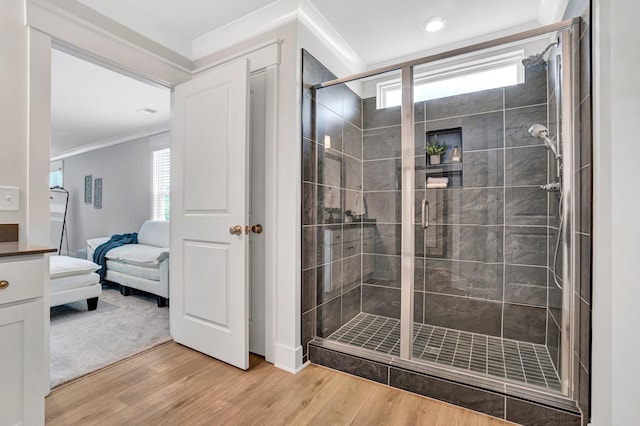 206 Hoss, Greenville, SC 29615 - bathroom with crown molding, a shower stall, wood finished floors, vanity, and ensuite bathroom