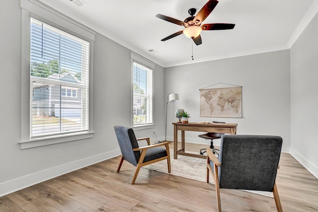 206 Hoss, Greenville, SC 29615 - office area featuring ceiling fan, light wood-type flooring, baseboards, and ornamental molding