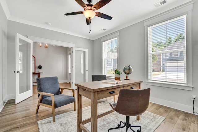 206 Hoss, Greenville, SC 29615 - home office featuring light wood finished floors, baseboards, ceiling fan, crown molding, and french doors