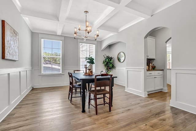 206 Hoss, Greenville, SC 29615 - dining space with a chandelier, light wood-style floors, beamed ceiling, coffered ceiling, and wainscoting
