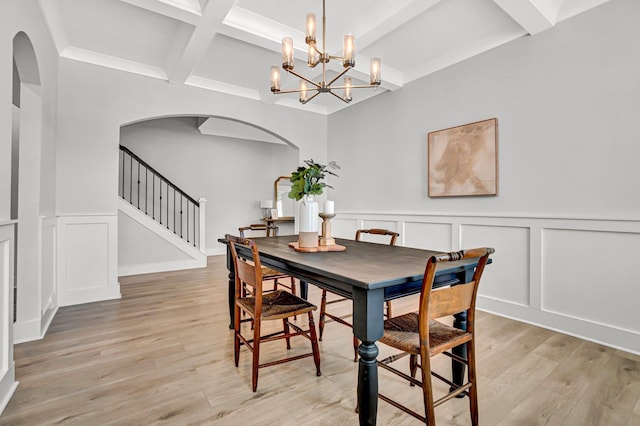 206 Hoss, Greenville, SC 29615 - dining area with arched walkways, a decorative wall, coffered ceiling, beamed ceiling, and light wood-type flooring