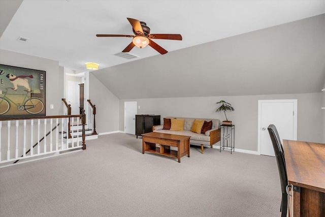 16 Chariot, Simpsonville, SC 29681 - living room featuring a ceiling fan, light carpet, baseboards, and vaulted ceiling