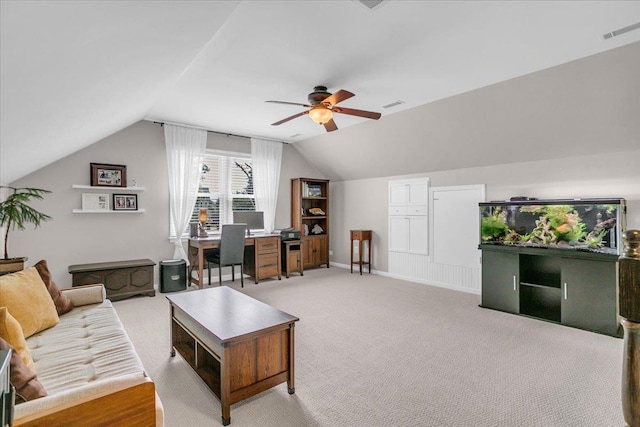 16 Chariot, Simpsonville, SC 29681 - living room with vaulted ceiling, a ceiling fan, a desk, carpet flooring, and baseboards