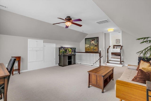 16 Chariot, Simpsonville, SC 29681 - living room with a ceiling fan, light carpet, vaulted ceiling, and baseboards