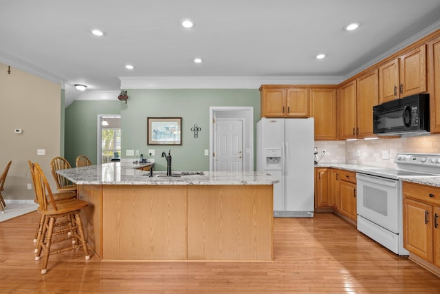 6533 NW Derby, Concord, NC 28027 - kitchen with white appliances, a sink, ornamental molding, a kitchen island with sink, and decorative backsplash