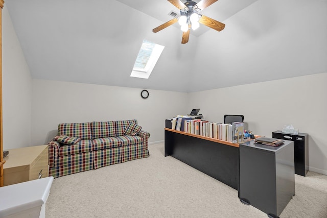 6533 NW Derby, Concord, NC 28027 - home office with vaulted ceiling, a skylight, light carpet, a ceiling fan, and baseboards