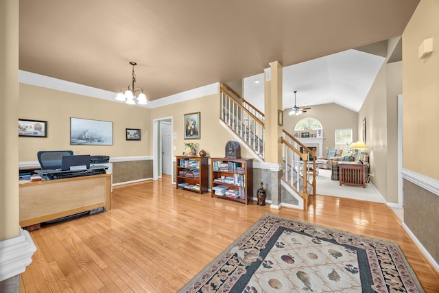 6533 NW Derby, Concord, NC 28027 - entrance foyer with wood finished floors, stairway, a ceiling fan, a chandelier, and lofted ceiling