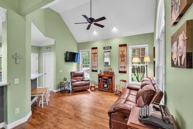 2030 Fasana, York, SC 29745 - living area with a ceiling fan, wood finished floors, baseboards, and high vaulted ceiling