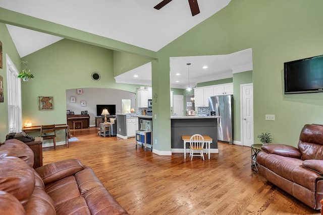 2030 Fasana, York, SC 29745 - living room with ceiling fan, high vaulted ceiling, light wood-style floors, and recessed lighting