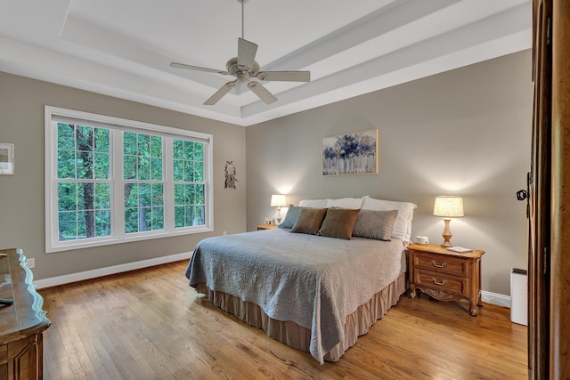 2030 Fasana, York, SC 29745 - bedroom with a tray ceiling, light wood finished floors, baseboards, and ceiling fan