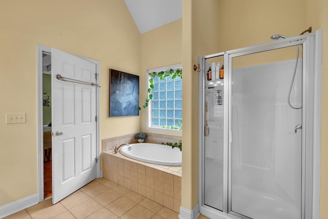 2030 Fasana, York, SC 29745 - ensuite bathroom featuring tile patterned floors, a stall shower, a garden tub, and lofted ceiling