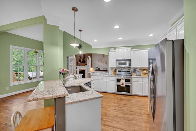 2030 Fasana, York, SC 29745 - kitchen featuring stainless steel appliances, a sink, white cabinetry, a fireplace, and crown molding