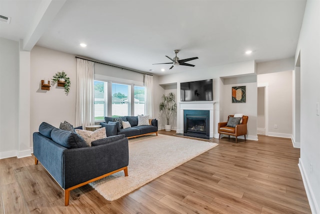 609 Cartmel, Greer, SC 29651 - living room featuring a ceiling fan, light wood-type flooring, a fireplace with flush hearth, recessed lighting, and baseboards