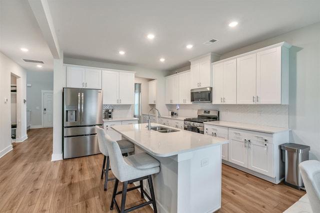 609 Cartmel, Greer, SC 29651 - kitchen featuring appliances with stainless steel finishes, a sink, backsplash, light wood-type flooring, and light countertops