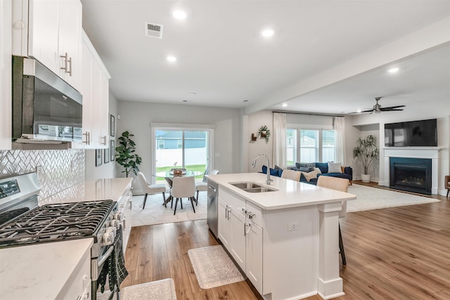 609 Cartmel, Greer, SC 29651 - kitchen with stainless steel appliances, a sink, a fireplace, light wood-style flooring, and white cabinetry