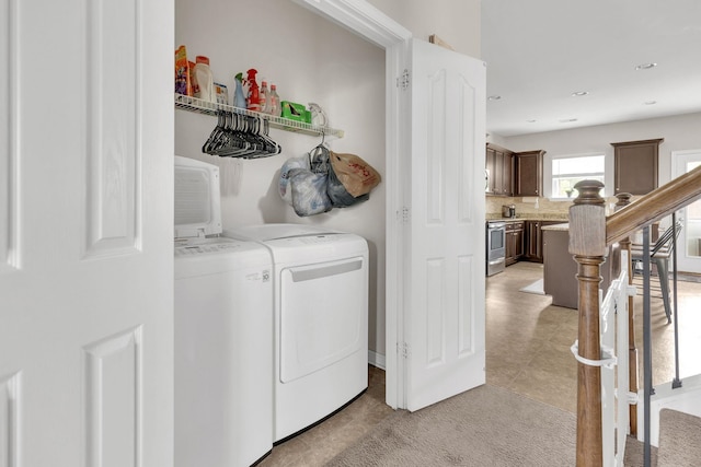 241 Hartleigh, Lyman, SC 29365 - laundry area with independent washer and dryer, light carpet, and recessed lighting