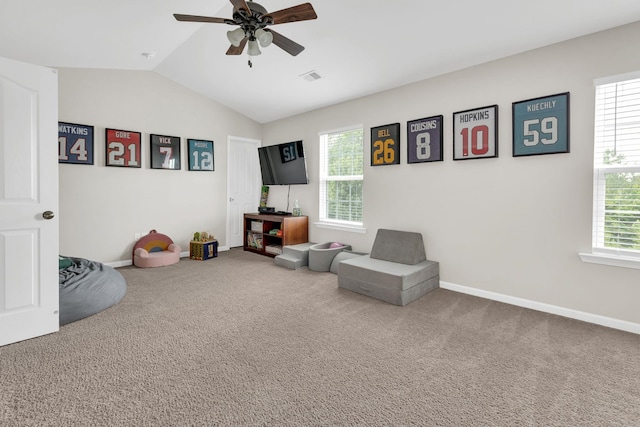 241 Hartleigh, Lyman, SC 29365 - sitting room with a ceiling fan, lofted ceiling, carpet floors, and baseboards