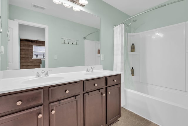 241 Hartleigh, Lyman, SC 29365 - bathroom with shower / bath combination with curtain, double vanity, and tile patterned floors