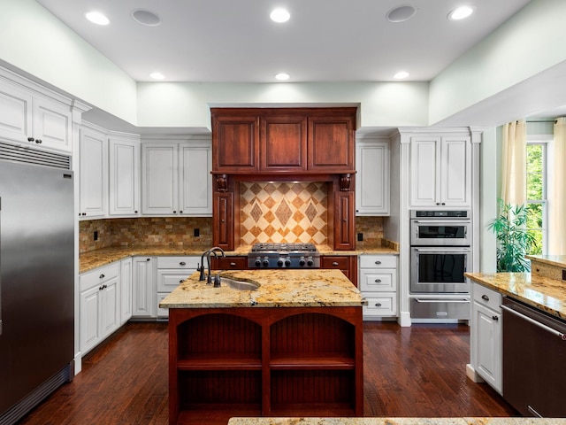 220 Fincher, Pauline, SC 29374 - kitchen featuring appliances with stainless steel finishes, a warming drawer, open shelves, dark wood-style floors, and recessed lighting