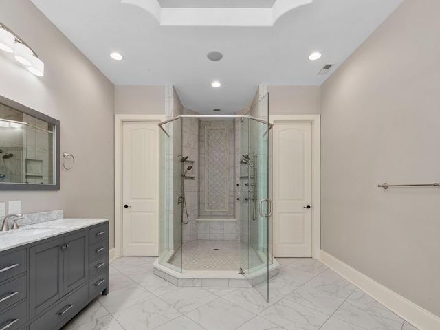 220 Fincher, Pauline, SC 29374 - bathroom featuring marble finish floors, vanity, a shower stall, baseboards, and recessed lighting