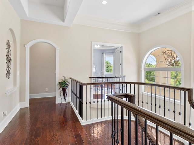 220 Fincher, Pauline, SC 29374 - hall featuring an upstairs landing, wood finished floors, baseboards, and arched walkways