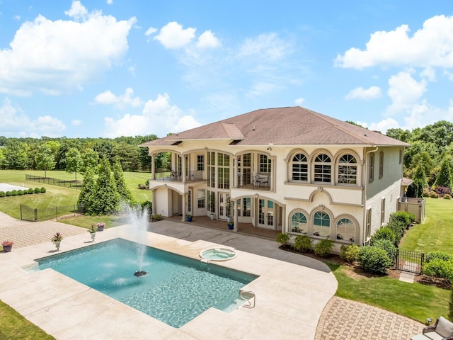 220 Fincher, Pauline, SC 29374 - back of house with a balcony, a patio area, french doors, stucco siding, and an in-ground hot tub