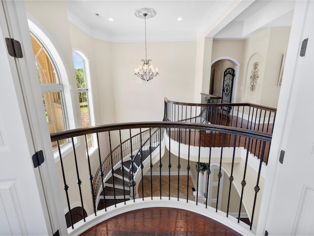 220 Fincher, Pauline, SC 29374 - stairway featuring a chandelier, arched walkways, ornamental molding, and recessed lighting