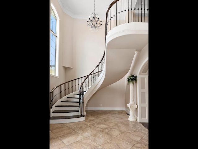 220 Fincher, Pauline, SC 29374 - entrance foyer with stairway, a chandelier, a towering ceiling, and baseboards