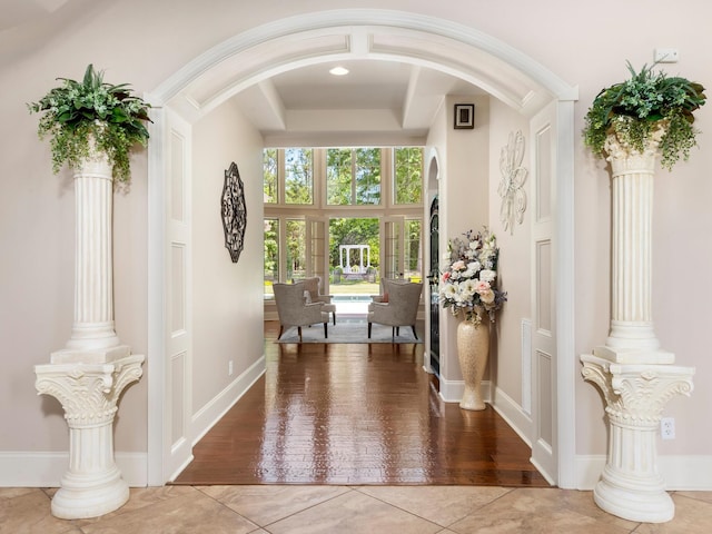 220 Fincher, Pauline, SC 29374 - tiled foyer entrance featuring arched walkways, a raised ceiling, and baseboards