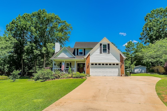 477 Cresthaven, Boiling Springs, SC 29316 - traditional home featuring concrete driveway, a chimney, a porch, an attached garage, and brick siding