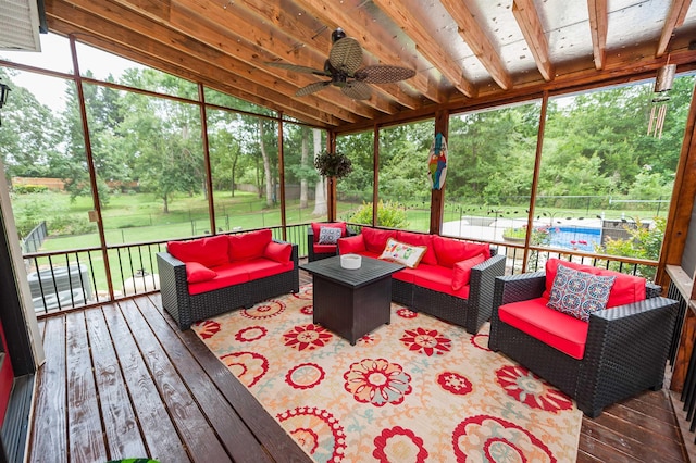 477 Cresthaven, Boiling Springs, SC 29316 - sunroom with outdoor lounge area, ceiling fan, and view of wooded area