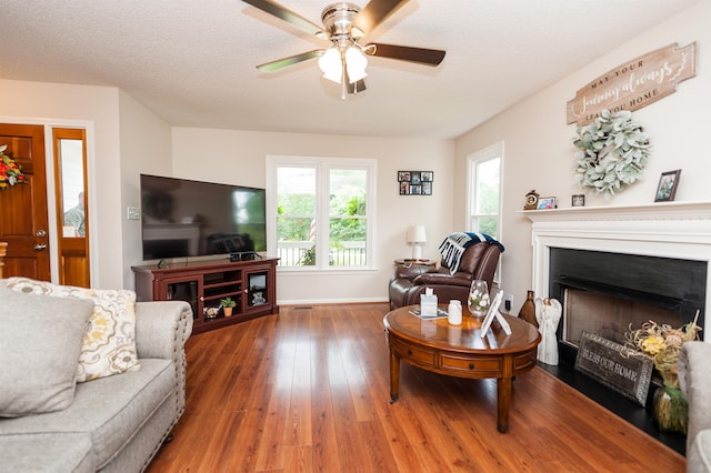 477 Cresthaven, Boiling Springs, SC 29316 - living area featuring wood-type flooring, ceiling fan, a fireplace with flush hearth, and baseboards
