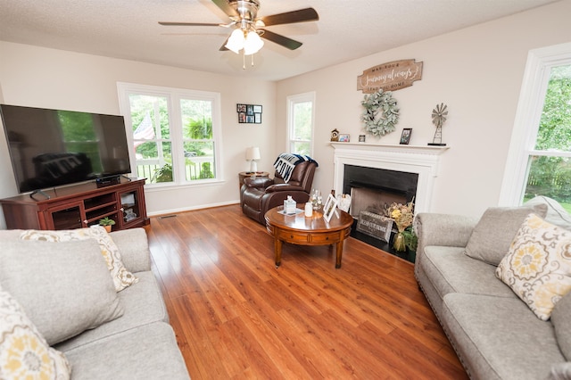 477 Cresthaven, Boiling Springs, SC 29316 - living room with wood finished floors, plenty of natural light, a fireplace with flush hearth, and ceiling fan