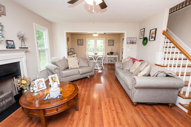 477 Cresthaven, Boiling Springs, SC 29316 - living area featuring a ceiling fan, stairway, healthy amount of natural light, and wood finished floors